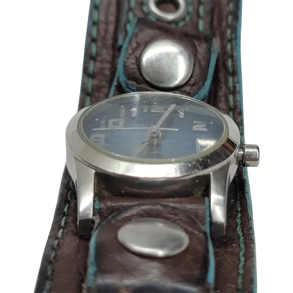 Fossil Wide Cuff Watch Brown Leather Blue Dial Date Indicator Y2K Retro